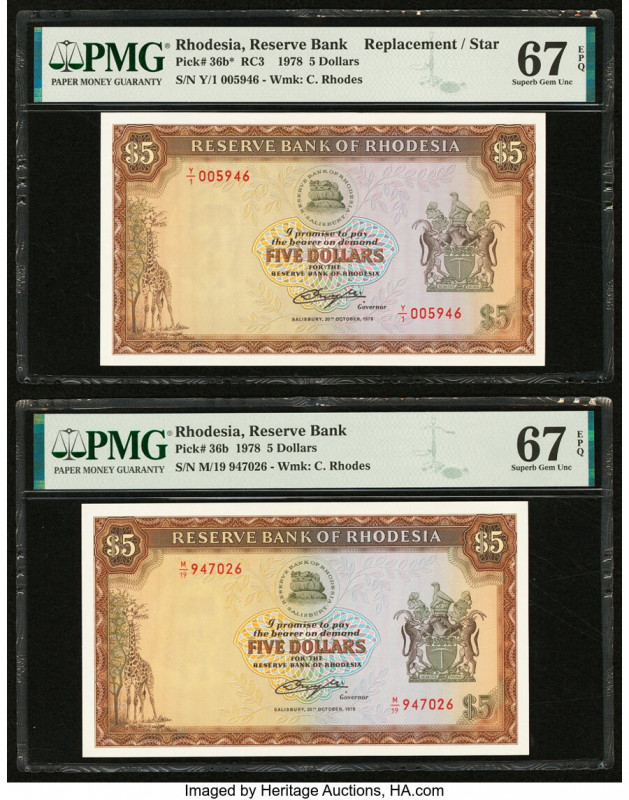 Rhodesia Reserve Bank of Rhodesia 5 Dollars 20.10.1978 Pick 36b*; 36b Two Exampl...