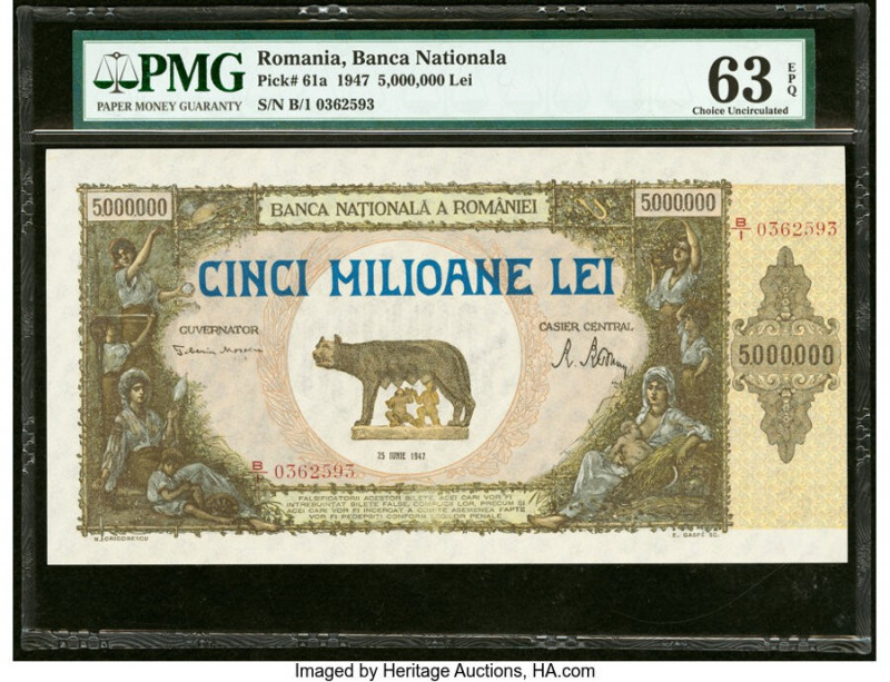 Romania Banca Nationala 5,000,000 Lei 25.6.1947 Pick 61a PMG Choice Uncirculated...
