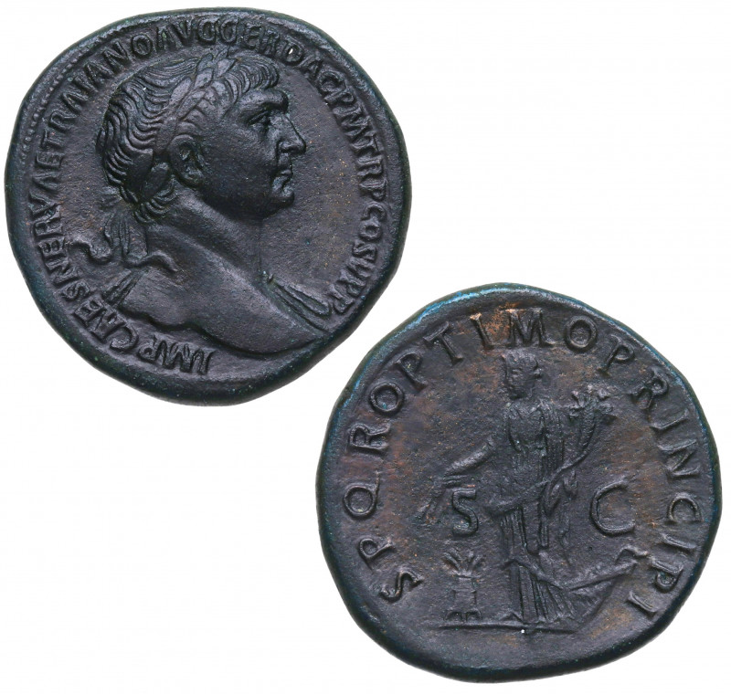 98-117. Trajano. Roma. Sestercio. Ae. 28,16 g. Muy atractiva. MUY ESCASA. Precio...