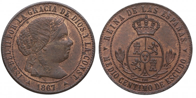 1867. Isabel II (1833-1868). Segovia. 1/2 Céntimo. OM. A&C 209. Cu. 1,27 g. Bell...