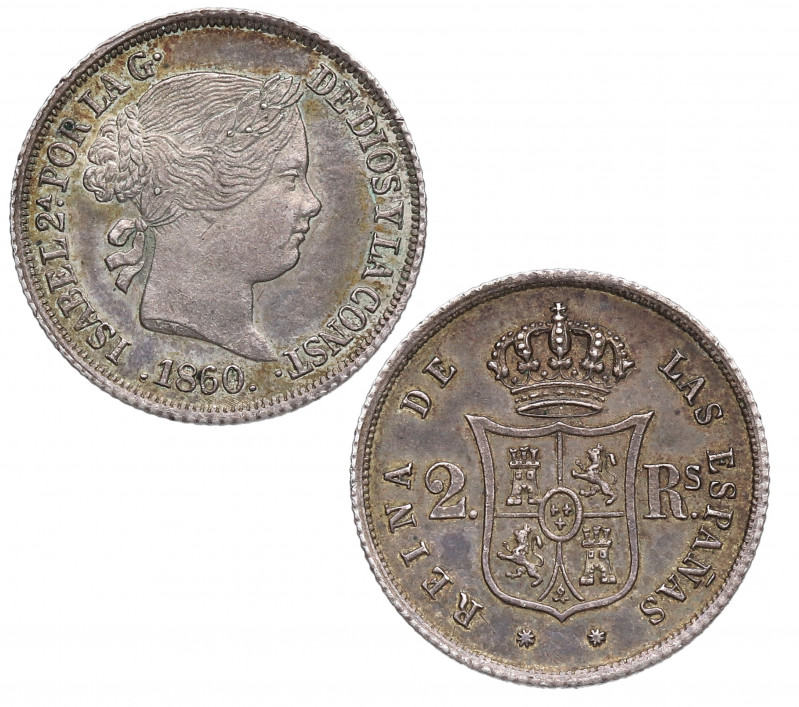 1860. Isabel II (1833-1868). Barcelona. 2 reales. A&C 351. Au. 2,64 g. Muy bella...