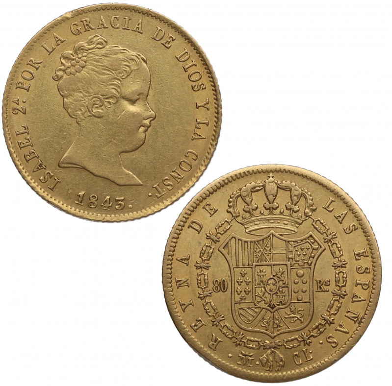 1843. Isabel II (1833-1868). Madrid. 80 Reales. CL. A&C 730. Au. 6,79 g. Atracti...