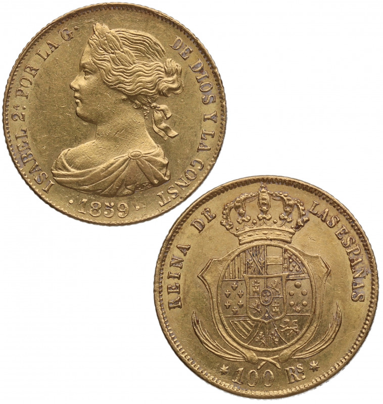 1859. Isabel II (1833-1868). Sevilla. 100 Reales. A&C 800. Au. 8,40 g. Bella. Br...