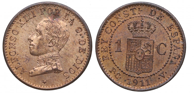 1911*1. Alfonso XIII (1886-1931). 1 Céntimo . PCV. A&C 3. Cu. 0,98 g. SC. Est.11...