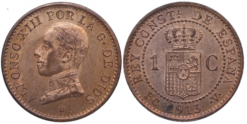 1913*3. Alfonso XIII (1886-1931). Madrid. 1 Céntimo. PCV. A&C 5. Cu. 1,10 g. Bel...