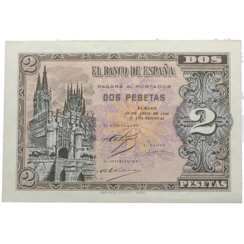 1938. Estado Español (1936-1975). 2 Pesetas. ABRIL. Doblez central. Atractivo ej...