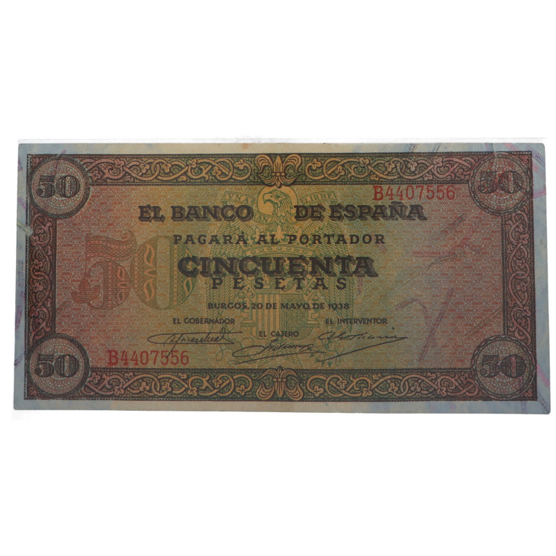 1938. Estado Español (1936-1975). Burgos. 50 pesetas. SERIE B. Ligeramente lavad...