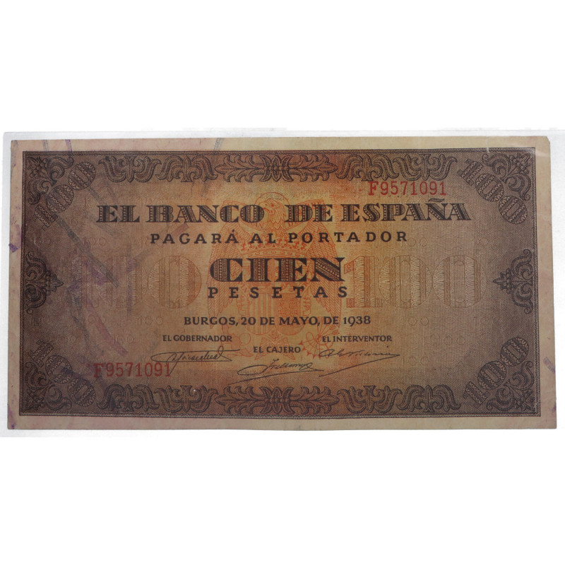 1938. Estado Español (1936-1975). Burgos. 100 pesetas. SERIE E. Ligeramente lava...