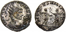 Roma Empire Aurelian BL Antoninianus AD 271 Mediolanum mint Aurelian standing left on right, holding Victory and spear, facing soldier to left, holdin...