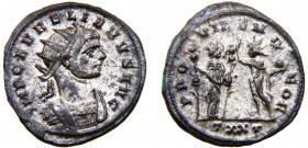 Roma Empire Aurelian BL Antoninianus AD 274-275 Ticinum mint Fides standing right, holding two ensigns, facing Sol, standing left, extending arm and h...