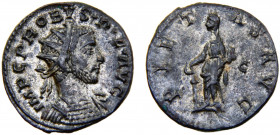 Roma Empire Probus BL Antoninianus AD 282 Lugdunum mint Pietas standing front, head to left, sacrificing out of patera over altar with her right hand ...