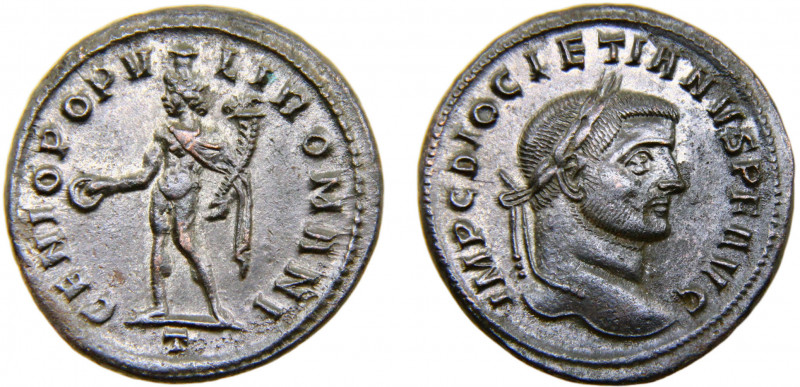 Roma Empire Diocletian BL Follis AD 294-295 Ticinum mint Genius standing left, h...