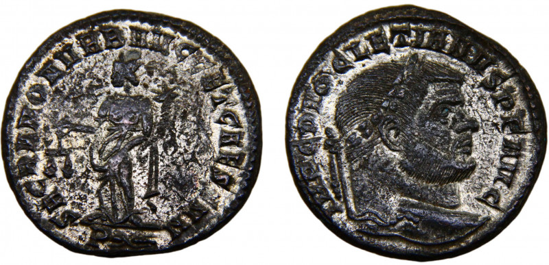 Roma Empire Diocletian BL Follis AD 300-301 Rome mint Moneta standing left, hold...