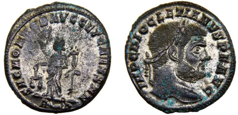 Roma Empire Diocletian BL Follis AD 300-305 Rome mint Moneta standing left, hold...