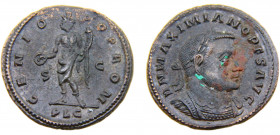 Roma Empire Maximian I AE Follis AD 307 Lugdunum mint Genius standing left, holding patera and cornucopia Bronze 6.3g RIC# 224