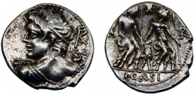 Roma Republic L. Caesius AR Denarius 112-111 BC Rome mint Bust of Veiovis left, seen from behind, hurling thunderbolt; monogram behind; The two Lares ...