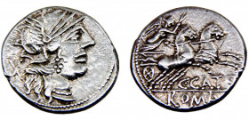 Roma Republic C. Porcius Cato AR Denarius 123 BC Rome mint Helmeted head of Roma to right; Victory holding whip, in bigra right Silver 3.89g Crawford#...