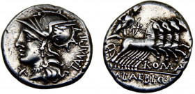 Roma Republic M. Baebius Q.f. Tampilus AR Denarius 137 BC Rome mint Helmeted head of Roma left; Apollo driving galloping quadriga right, holding branc...