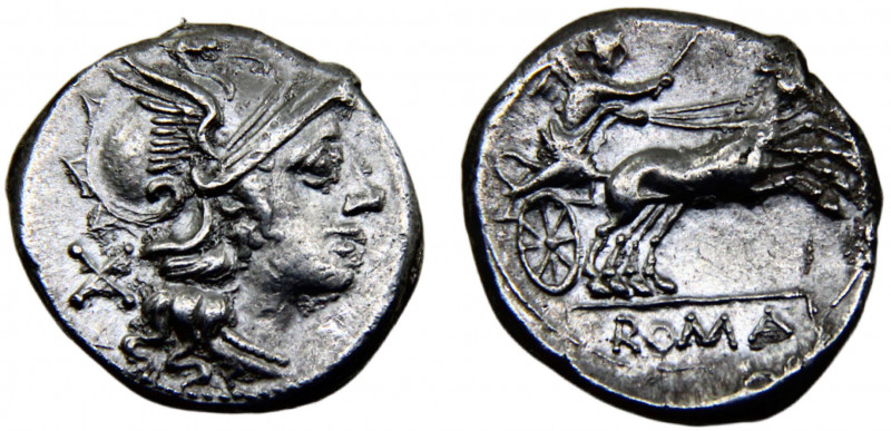 Roma Republic Anonymous AR Denarius 157-155 BC Rome mint Helmeted head of Roma r...