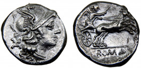 Roma Republic Anonymous AR Denarius 157-155 BC Rome mint Helmeted head of Roma right; Victory holding whip, in bigra right Silver 3.64g Crawford# 197/...