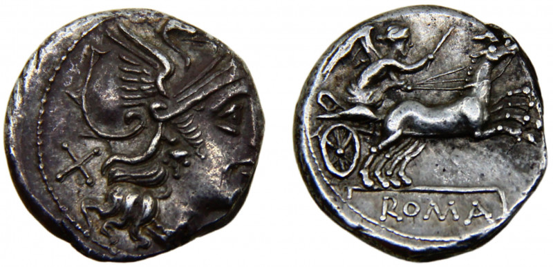 Roma Republic Anonymous AR Denarius 157-155 BC Rome mint Helmeted head of Roma r...