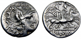 Roma Republic Anonymous AR Denarius 179-170 BC Rome mint Helmeted head of Roma right; The Dioscuri, each holding spear, on horses reading right Silver...