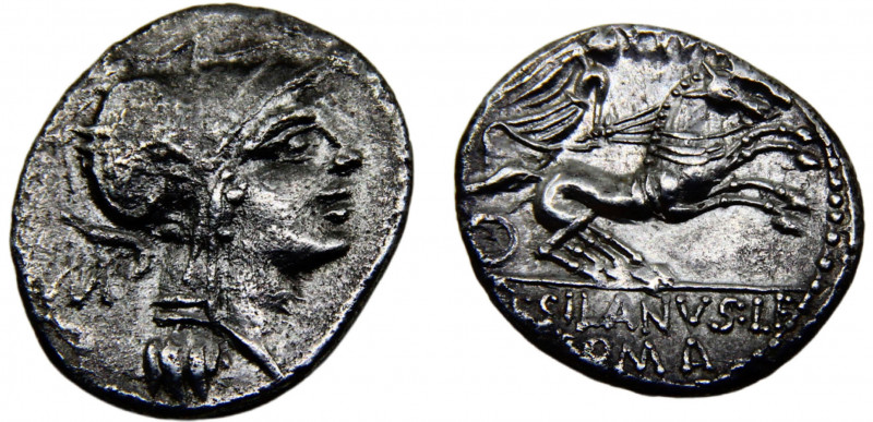 Roma Republic Junius. D. Junius Silanus AR Denarius 91 BC Rome mint Helmeted hea...