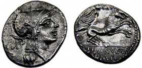 Roma Republic Junius. D. Junius Silanus AR Denarius 91 BC Rome mint Helmeted head of Roma to right; Victory holding whip, in bigra right Silver 3.51g ...
