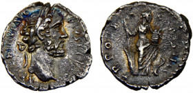 Roma Empire Antoninus Pius AR Denarius AD 156-157 Rome mint Annona standing right, left leg on the bow of the ship, holding the rudder and modius Silv...