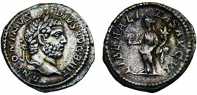 Roma Empire Caracalla AR Denarius AD 210-213 Rome mint Liberalitas standing left, holding abacus and cornucopiae Silver 2.87g RIC# 216