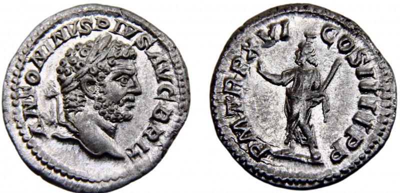 Roma Empire Caracalla AR Denarius AD 213 Rome mint Serapis standing left, raisin...