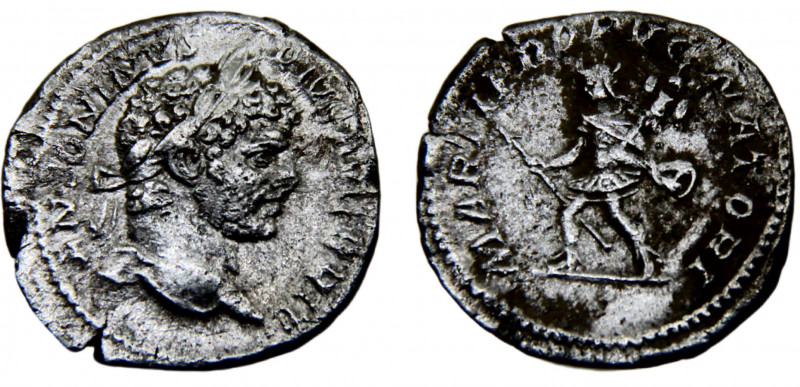 Roma Empire Caracalla AR Denarius AD 213-217 Rome mint Mars advancing left, hold...