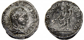 Roma Empire Elagabalus AR Denarius AD 221 Rome mint Providentia standing left, holding rod over globe and cornucopiae. Silver 1.95g RIC# 42