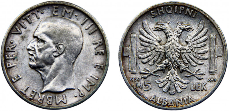 Albania Italian occupation Vittorio Emanuele III 5 Lek 1939 R Rome mint Silver 5...