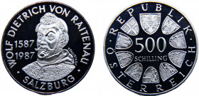 Austria Second Republic 500 Schilling 1987 Vienna mint(Mintage 93600) 400th Anniversary, Birth of Salzburg's Archbishop von Raitenau Silver 24g KM# 29...