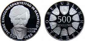 Austria Second Republic 500 Schilling 1988 Vienna mint(Mintage 86800) 100th Anniversary, Victor Adler and Christian Socialist Party Silver 24g KM# 298...