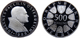 Austria Second Republic 500 Schilling 1988 Vienna mint(Mintage 88800) Pope's Visit to Austria Silver 24g KM# 2985