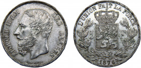 Belgium Kingdom Leopold II 5 Francs 1876 Brussels mint Silver 25.08g KM# 24