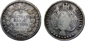 Bolivia Republic 1 Boliviano 1865 PTS FP Potosi mint Silver 24.98g KM#152.1