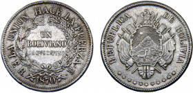 Bolivia Republic 1 Boliviano 1870 PTS ER Potosi mint Silver 24.69g KM#155.2