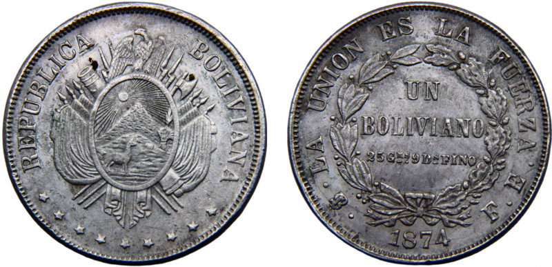 Bolivia Republic 1 Boliviano 1874 PTS FE Potosi mint Silver 25.01g KM#160.1