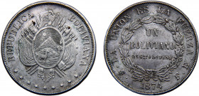 Bolivia Republic 1 Boliviano 1874 PTS FE Potosi mint Silver 25.01g KM#160.1