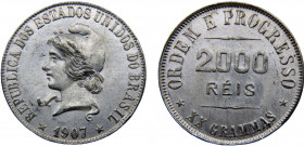 Brazil Republic of the United States 2000 Reis 1907 Rio de Janeiro mint Cleaned Silver 20.02g KM# 508