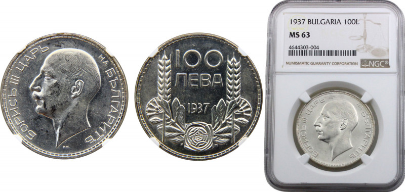 Bulgaria Boris III 100 Leva 1937 NGC MS63 Silver 20g KM# 45