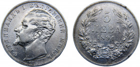Bulgaria Principalty Ferdinand I 5 Leva 1894 КБ Kremnica mint Silver 24.9g KM# 18