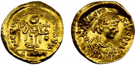 Byzantine Empire Anastasius I AU Tremissis AD 492-518 Constantinople mint Victory advancing right, holding wreath and glober cruciger Gold 1.32g Sear#...