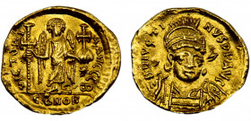 Byzantine Empire Justin I AU Solidus AD 519 Constantinople mint angel stage facing, holding long cross and globus cruciger, in field right star Gold 3...