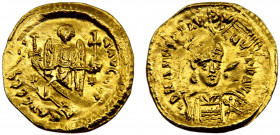 Byzantine Empire Justinian I AU Solidus AD 527-537 Constantinople mint angel standing facing, holding long cross and globus cruciger; star in right fi...