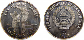 Cambodia People's Republic of Kampuchea 20 Riels 1989 (Mintage 10000) XXV Summer Olympic Games, Barcelona 1992 Silver 16g KM# 80