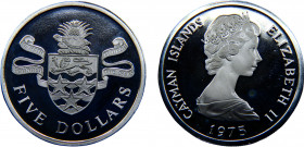 Cayman Islands British colony Elizabeth II 5 Dollars 1975 Ottawa mint(Mintage 7753) Silver 36.03g KM# 8
